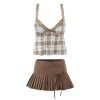 Lace plaid camisole+pleated skirt set for women